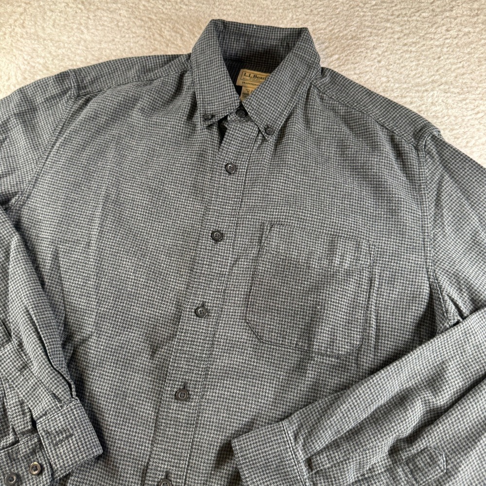 LL Bean Flannel Shirt Mens M Grey Houndstooth Button Up Traditional Fit Clean